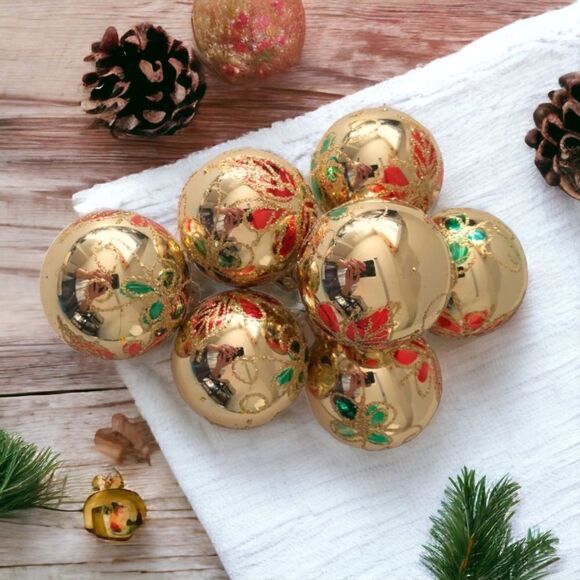 Commodore Christmas Classics Ornaments x 7 Glass Ball Hand Decorated Poinsettia. - Picture 15 of 16